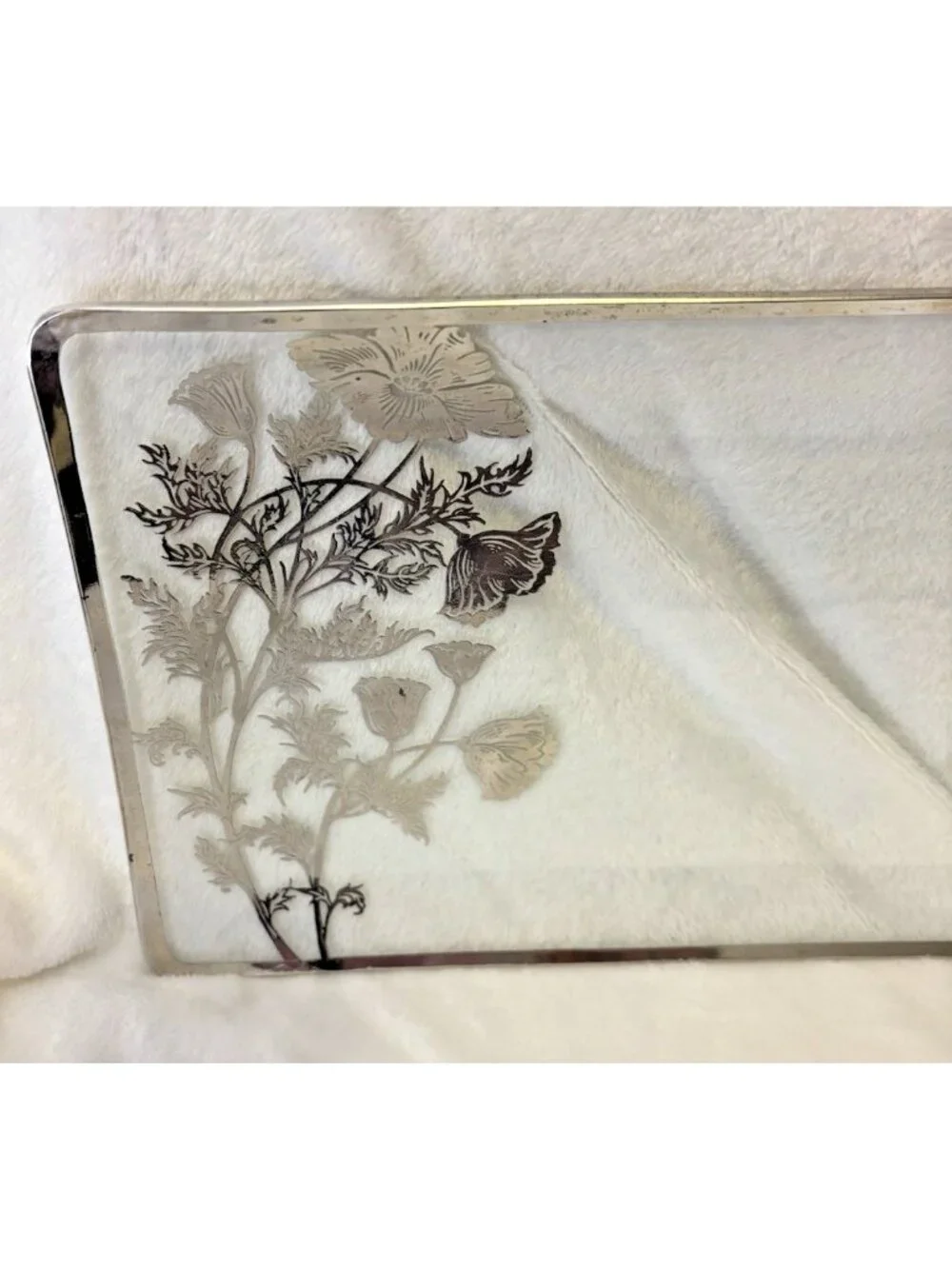 VTG MCM 1950's Silver City Floral Poppy Glass Overlay Platter Horderves Tray